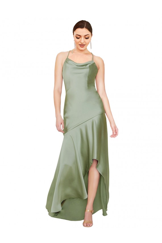 Buy Sleeveless Cowl Neck Criss Cross Open Back Silky Satin A-Line High Low Formal Dress UK