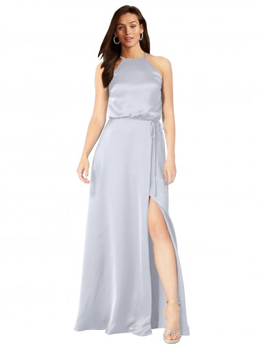 Buy Sleeveless Halter Neck Low Back Silky Satin A-Line Formal Dress UK