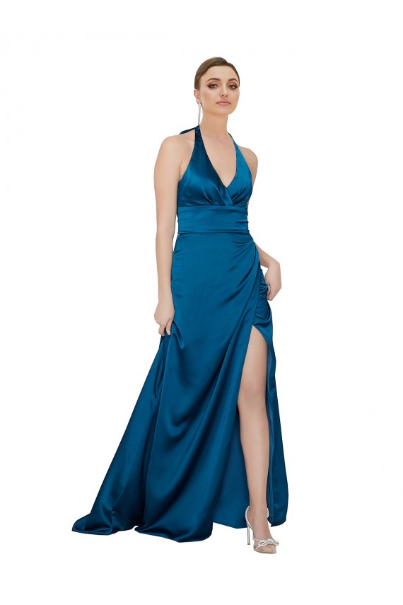 Buy Sleeveless Halter Neck Open Back Silky Satin A-Line Formal Dress UK