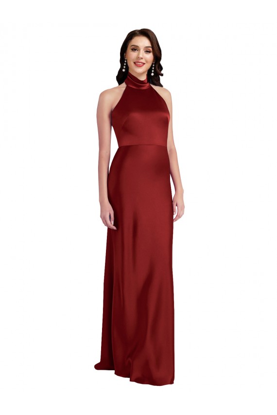 Buy Sleeveless Halter Neck Backless Stretch Satin A-Line Black Tie Formal Dress UK