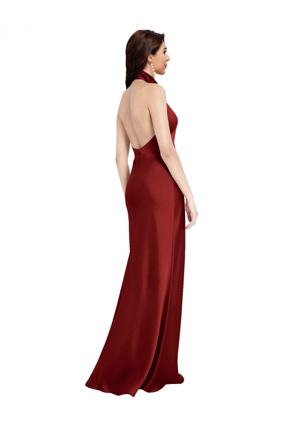Buy Sleeveless Halter Neck Backless Stretch Satin A-Line Black Tie Formal Dress UK