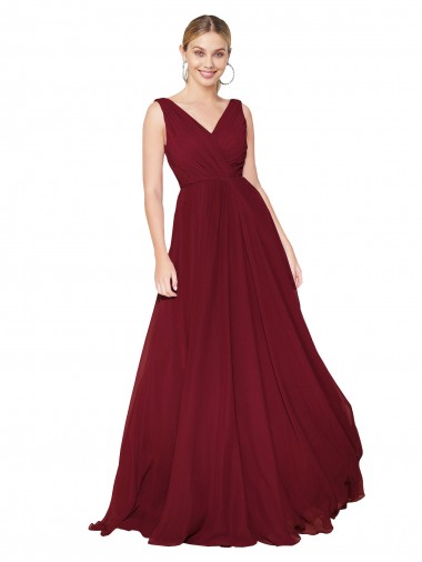 Buy Sleeveless Burgundy V-Neck V-Back Chiffon A-Line Formal Dress UK