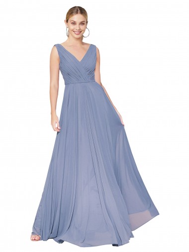 Buy Sleeveless Dusty Blue V-Neck V-Back Chiffon A-Line Formal Dress UK