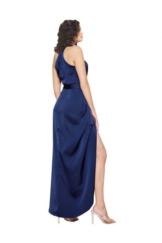 Buy Sleeveless Sapphire Halter Neck Silky Satin A-Line High Low Formal Dress UK