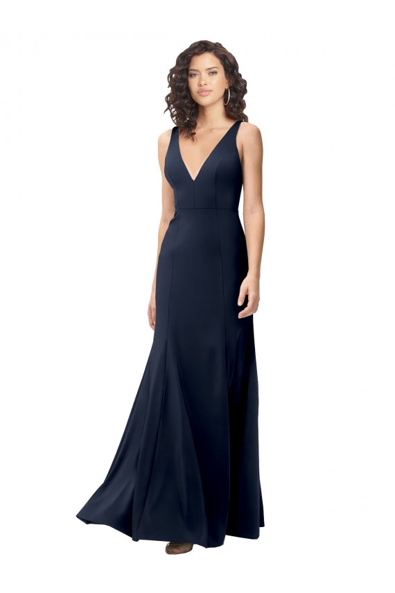 Buy Sleeveless Dark Navy V-Neck V-Back Stretch Crepe A-Line Formal Gowns UK