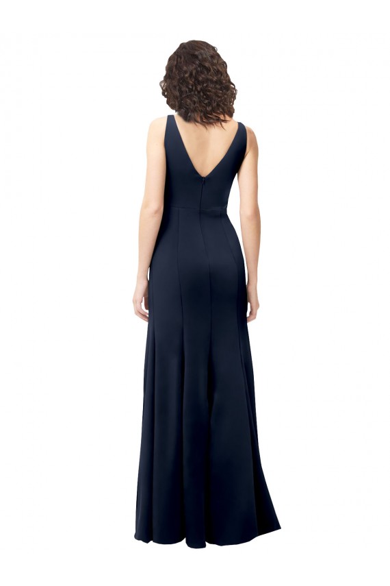 Buy Sleeveless Dark Navy V-Neck V-Back Stretch Crepe A-Line Formal Gowns UK