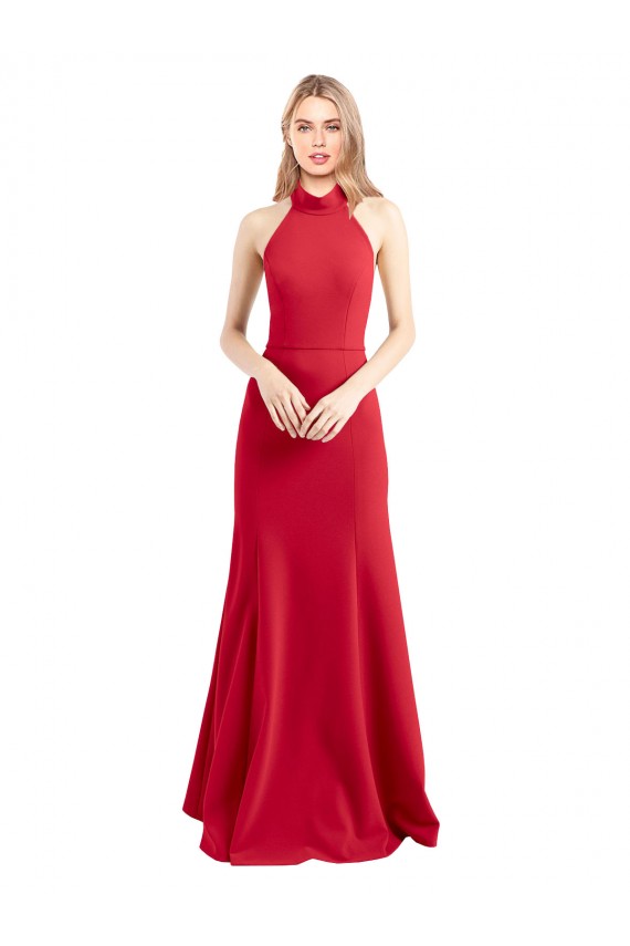Buy Sleeveless Halter Neck Open Back Stretch Crepe A-Line Formal Dress UK