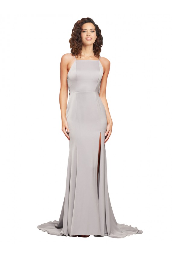 Buy Sleeveless High Neck Low Back Stretch Satin A-Line Formal Dress UK