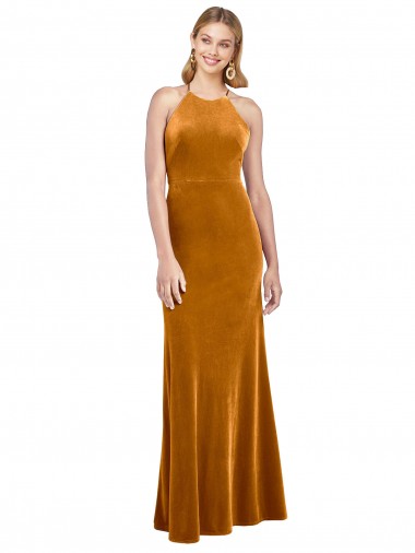 Buy Sleeveless Halter Neck Criss Cross Open Back Stretch Velvet A-Line Formal Dress UK