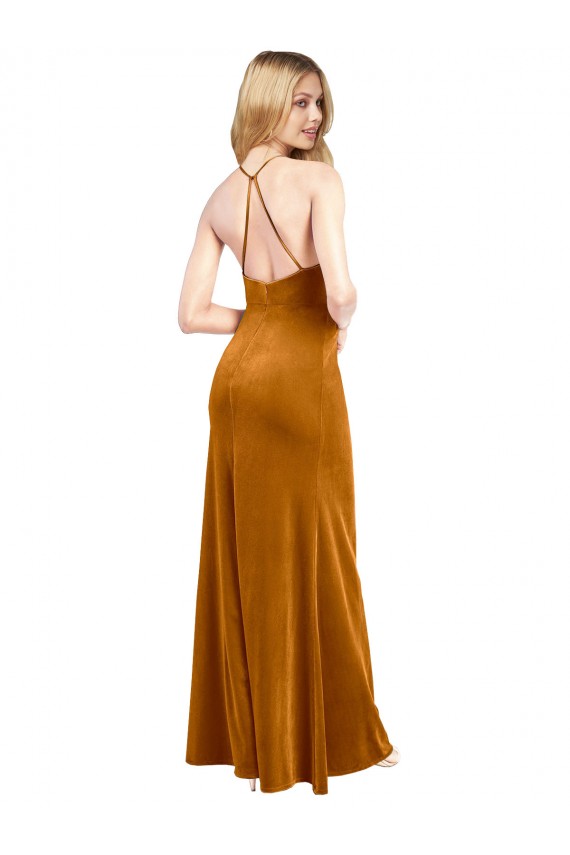 Buy Sleeveless Halter Neck Criss Cross Open Back Stretch Velvet A-Line Formal Dress UK