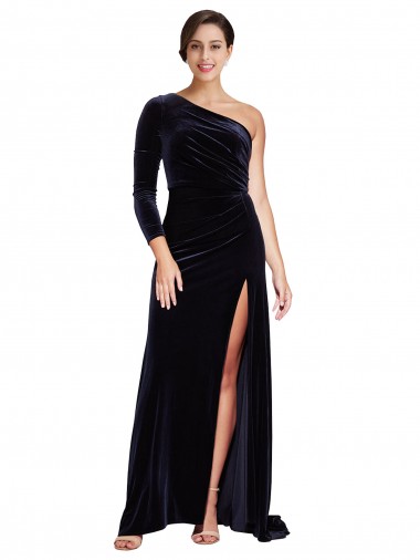 Buy Long Sleeves One Shoulder Stretch Velvet A-Line Formal Dress UK