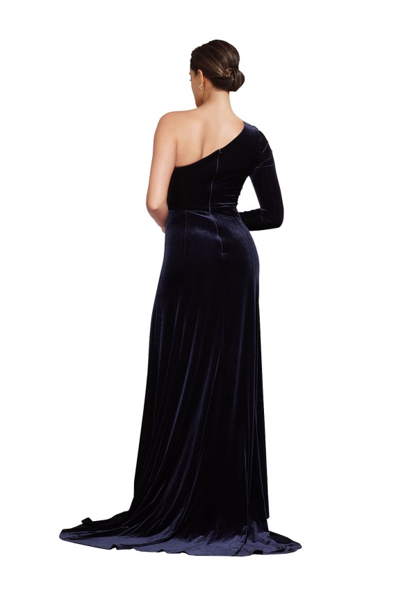 Buy Long Sleeves One Shoulder Stretch Velvet A-Line Formal Dress UK