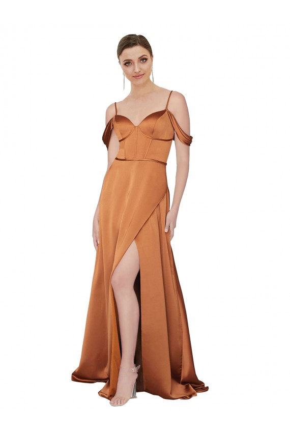 Buy Cold Shoulder Spaghetti Straps Low Back Silky Satin A-Line Formal Dress UK