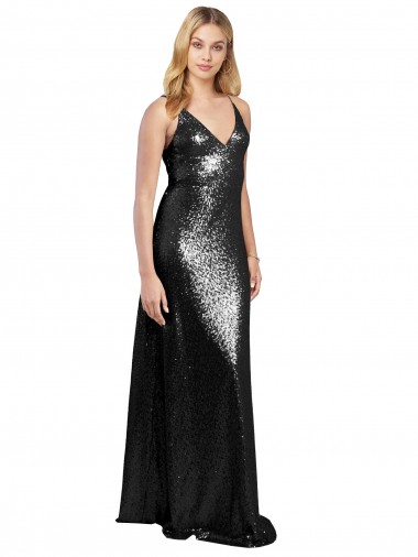 Buy Sleeveless Spaghetti Straps V-Back Sequin A-Line Formal Dress UK
