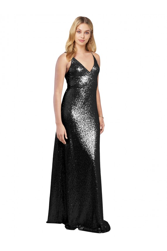 Buy Sleeveless Spaghetti Straps V-Back Sequin A-Line Formal Dress UK