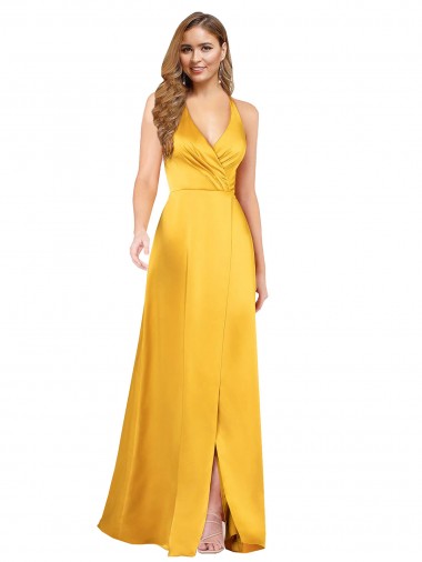 Buy Sleeveless V-Neck Open Back Silky Satin A-Line Formal Dress UK
