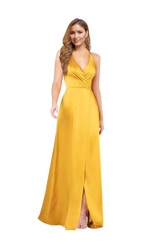 Buy Sleeveless V-Neck Open Back Silky Satin A-Line Formal Dress UK