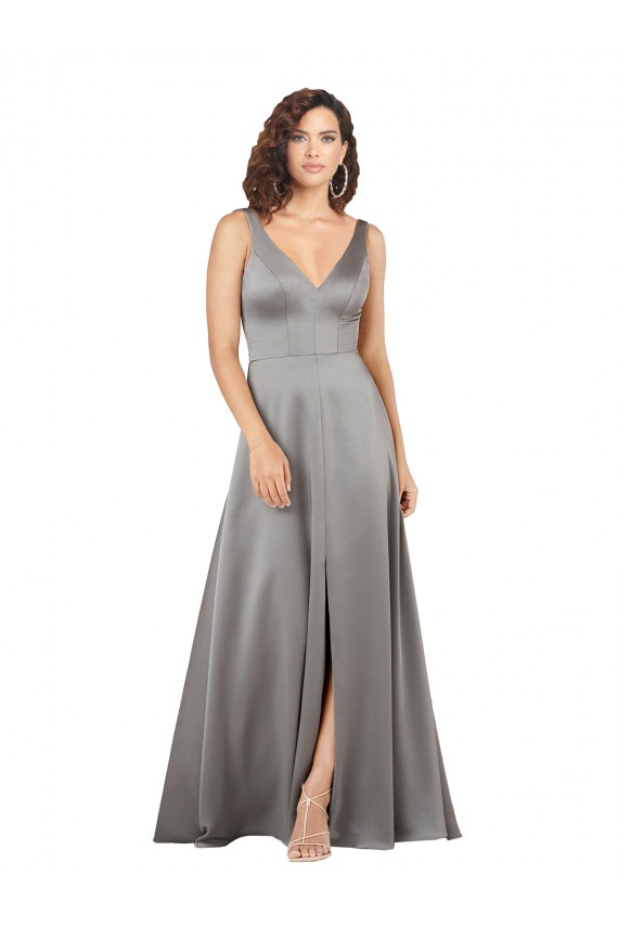 Buy Sleeveless Pearl Grey V-Neck Silky Satin A-Line Formal Dress UK