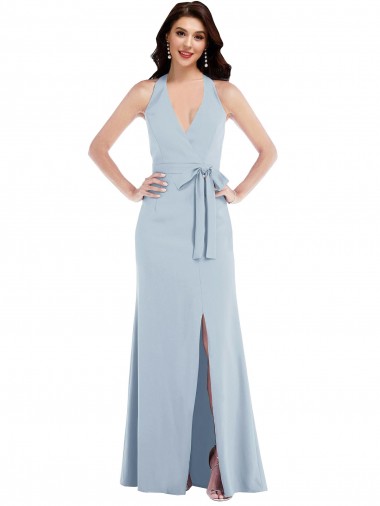 Buy Sleeveless Light Sky Blue Halter Neck Open Back Stretch Crepe A-Line Formal Dress UK