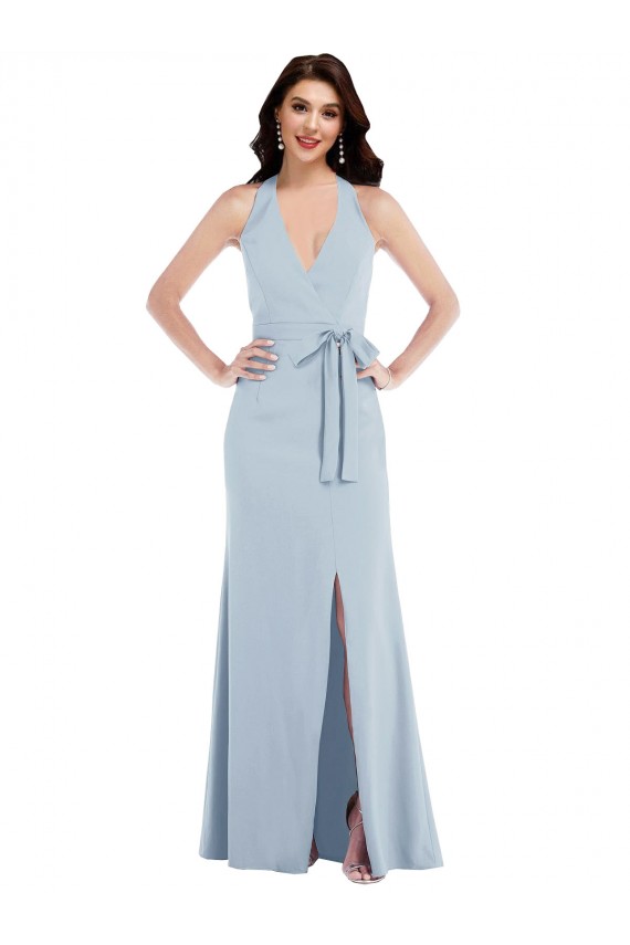 Buy Sleeveless Light Sky Blue Halter Neck Open Back Stretch Crepe A-Line Formal Dress UK