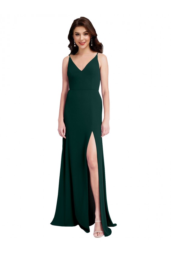 Buy Sleeveless Midnight Green V-Neck V-Back Stretch Crepe A-Line Formal Gowns UK