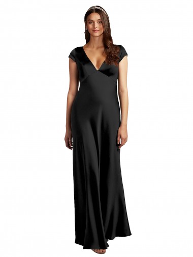 Buy Cap Sleeves V-Neck Keyhole Back Stretch Satin A-Line Formal Dress UK