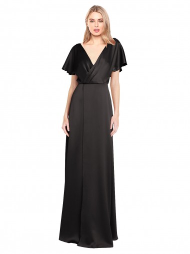 Buy Cap Sleeves V-Neck Open Back Stretch Satin A-Line Formal Dress UK