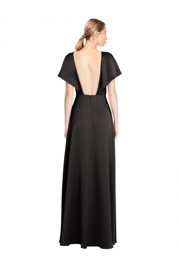 Buy Cap Sleeves V-Neck Open Back Stretch Satin A-Line Formal Dress UK
