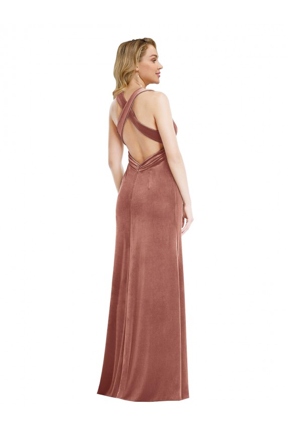 Buy Sleeveless V-Neck Criss Cross Open Back Stretch Velvet A-Line Formal Dress UK