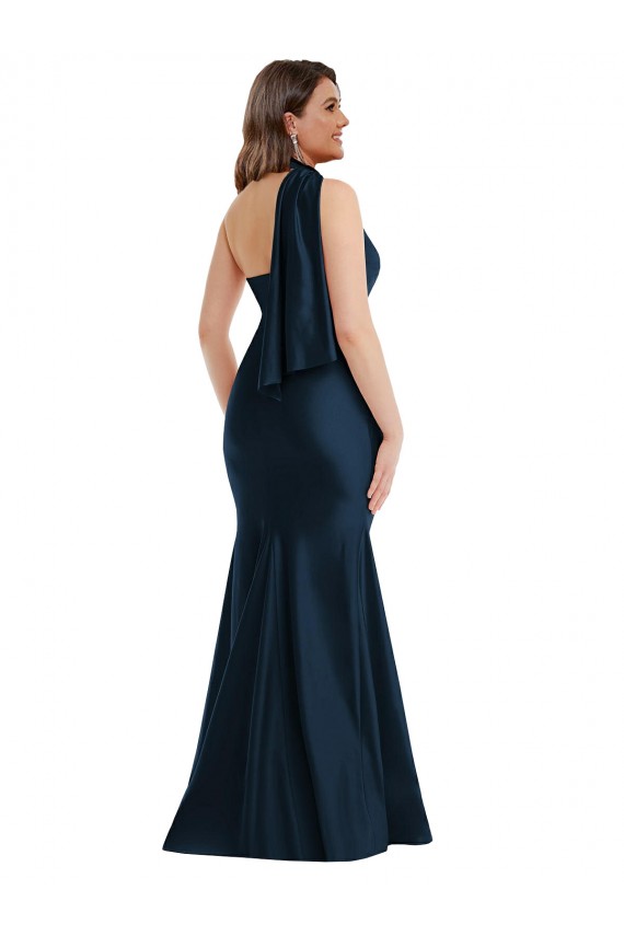Buy Sleeveless Dark Navy One Shoulder Silky Satin Mermaid Formal Plus Size Formal Dress UK