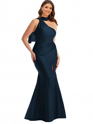 Buy Sleeveless Dark Navy One Shoulder Silky Satin Mermaid Formal Plus Size Formal Dress UK