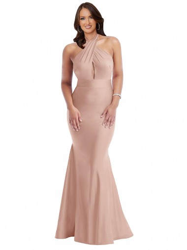 Buy Sleeveless Halter Neck Open Back Silky Satin Mermaid Formal Plus Size Formal Dress UK