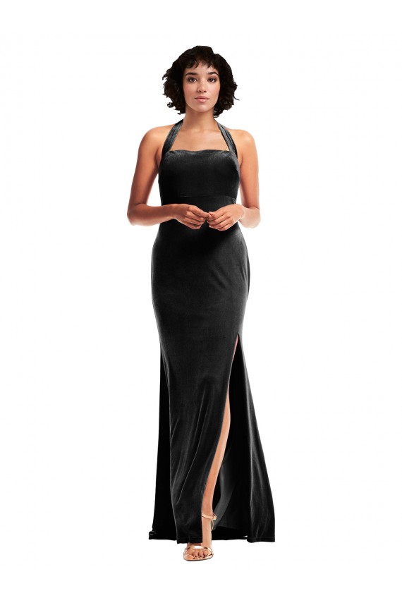 Buy Sleeveless Halter Neck Low Back Stretch Velvet Mermaid Formal Dress UK