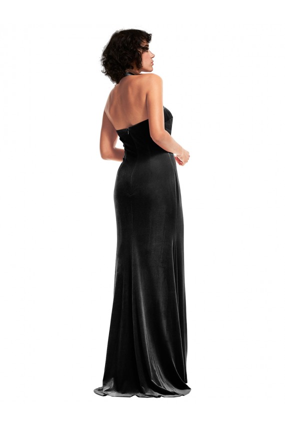 Buy Sleeveless Halter Neck Low Back Stretch Velvet Mermaid Formal Dress UK