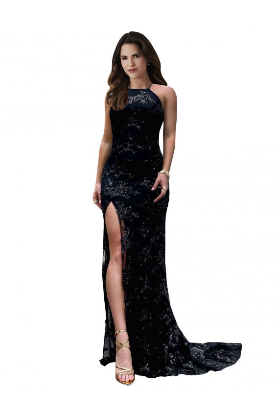 Buy Sleeveless High Neck Open Back Lace Mermaid Black Tie Formal Dress UK