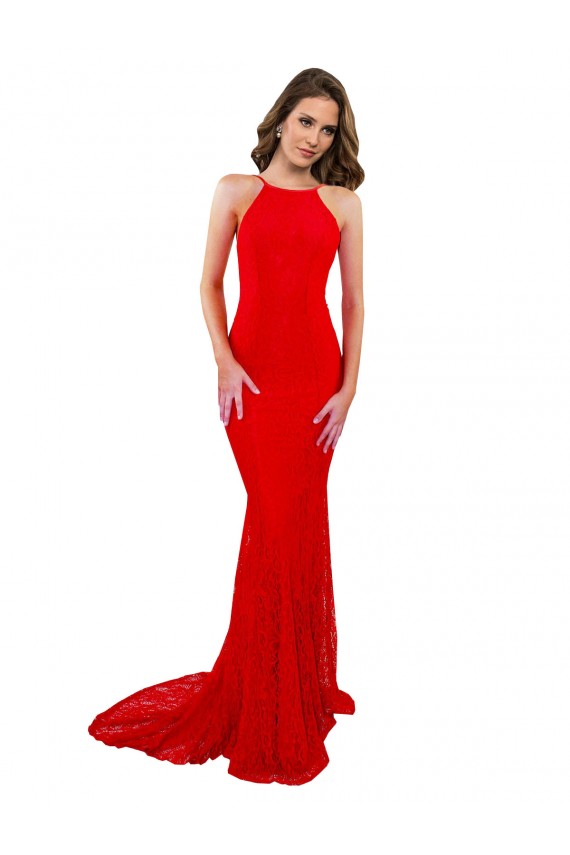 Buy Sleeveless High Neck Open Back Lace Mermaid Formal Dress UK