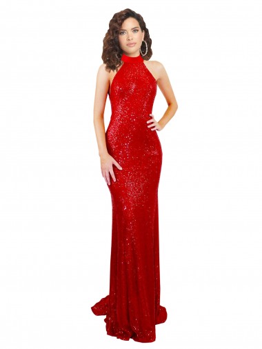 Buy Sleeveless Halter Neck Open Back Sequin Mermaid Formal Dress UK