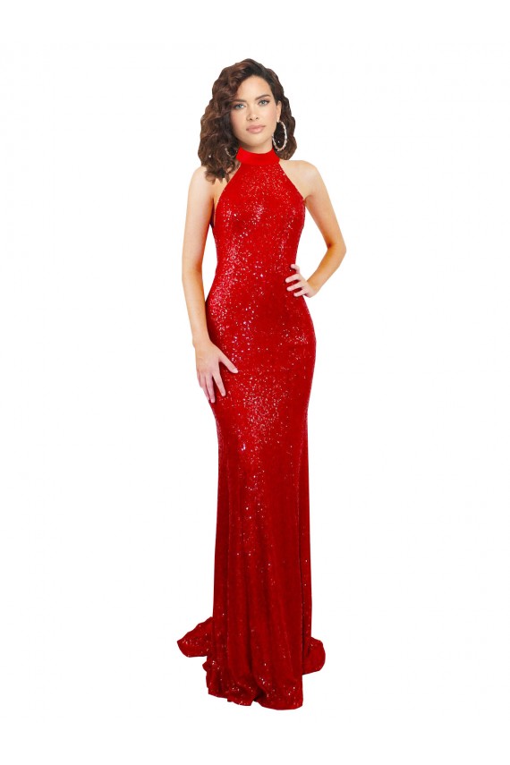 Buy Sleeveless Halter Neck Open Back Sequin Mermaid Formal Dress UK