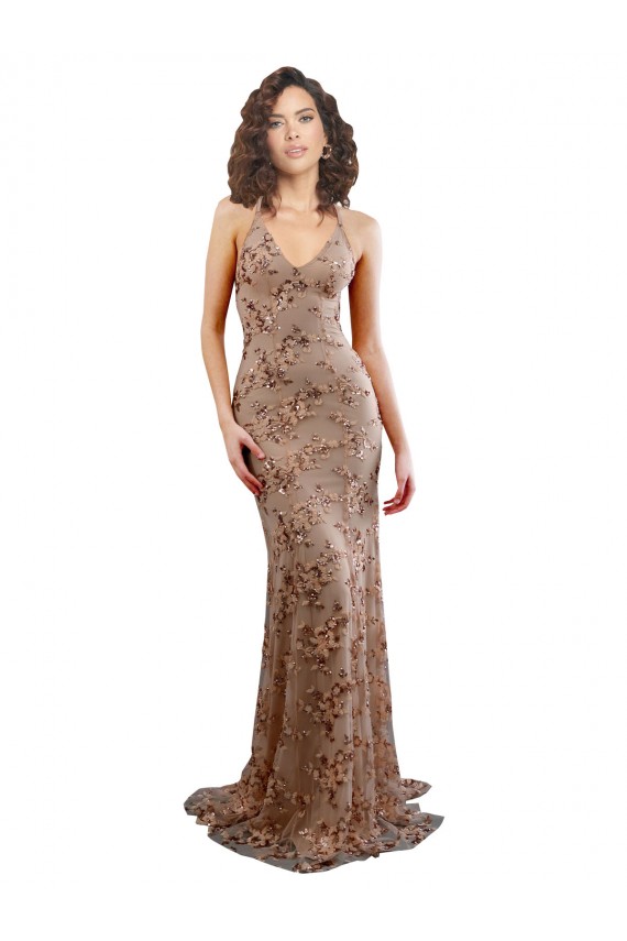 Buy Sleeveless Rose Gold V-Neck Backless Stretch Crepe & Sequin Tulle Mermaid Formal Dress UK