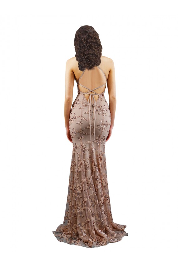 Buy Sleeveless Rose Gold V-Neck Backless Stretch Crepe & Sequin Tulle Mermaid Formal Dress UK