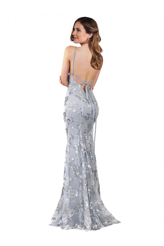 Buy Sleeveless Silver V-Neck Backless Stretch Crepe & Sequin Tulle Mermaid Formal Dress UK