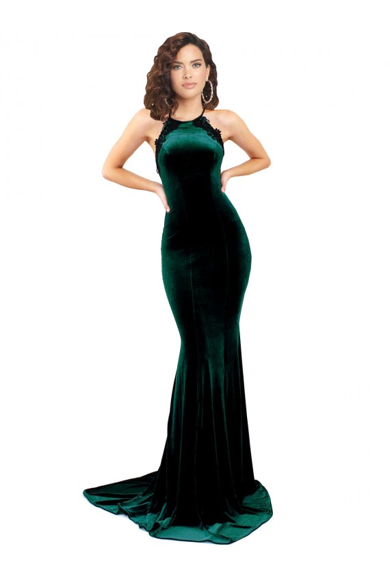 Buy Sleeveless High Neck Low Back Stretch Velvet Mermaid Formal Dress UK