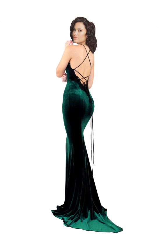 Buy Sleeveless High Neck Low Back Stretch Velvet Mermaid Formal Dress UK