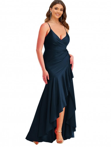 Buy Sleeveless Spaghetti Straps Silky Satin Mermaid High Low Plus Size Formal Dress UK