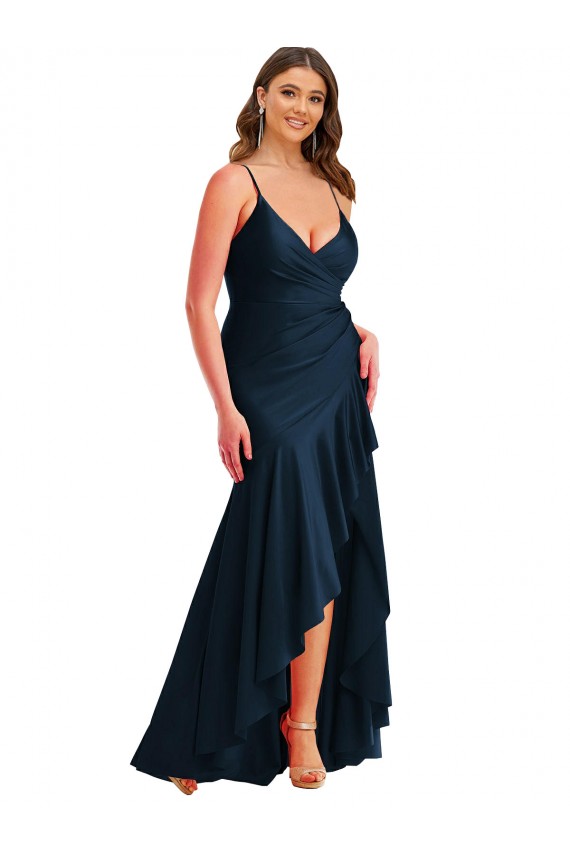 Buy Sleeveless Spaghetti Straps Silky Satin Mermaid High Low Plus Size Formal Dress UK