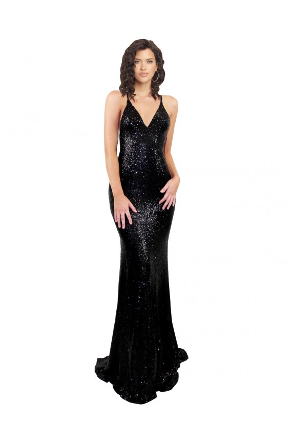 Buy Sleeveless V-Neck Criss Cross Open Back Sequin Mermaid Black Tie Formal Dress UK