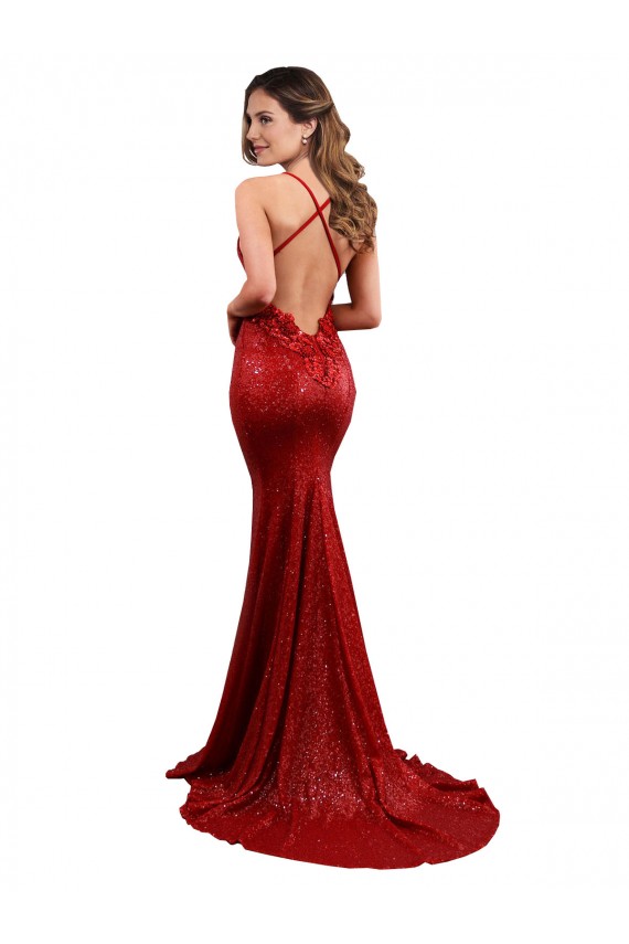 Buy Sleeveless V-Neck Low Back Sequin Mermaid Formal Dress UK