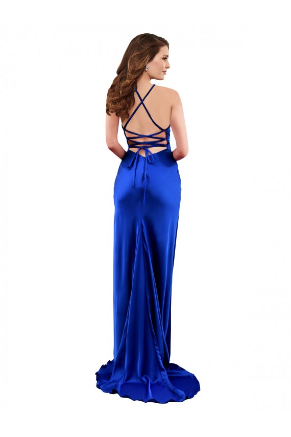 Buy Sleeveless Royal Blue Cowl Neck Criss Cross Open Back Silky Satin Sheath Formal Dress UK