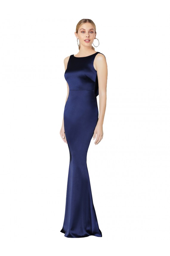 Buy Sleeveless Dark Navy Halter Neck Low Back Stretch Satin Sheath Formal Dress UK