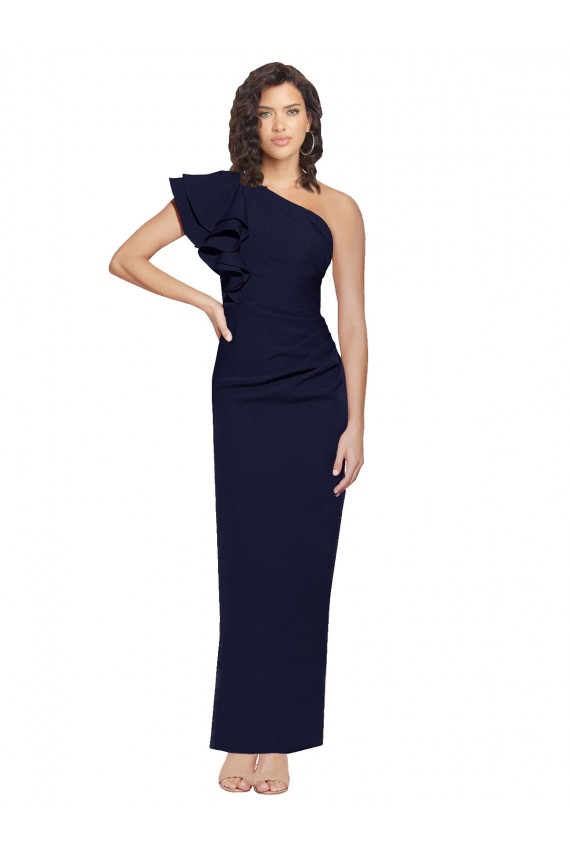 Buy Sleeveless Dark Navy One Shoulder Stretch Crepe Sheath Formal Gowns UK